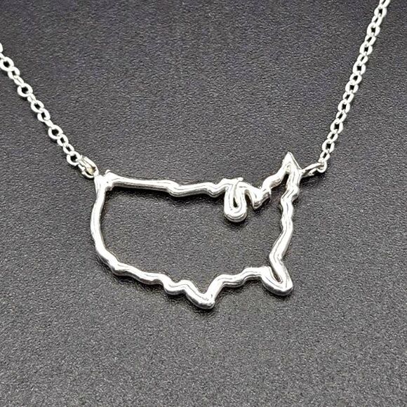 Sterling‎ Silver USA Outline Necklace, 18 Inch, Minimalist Map, 925, 1.75g - Picture 1 of 5
